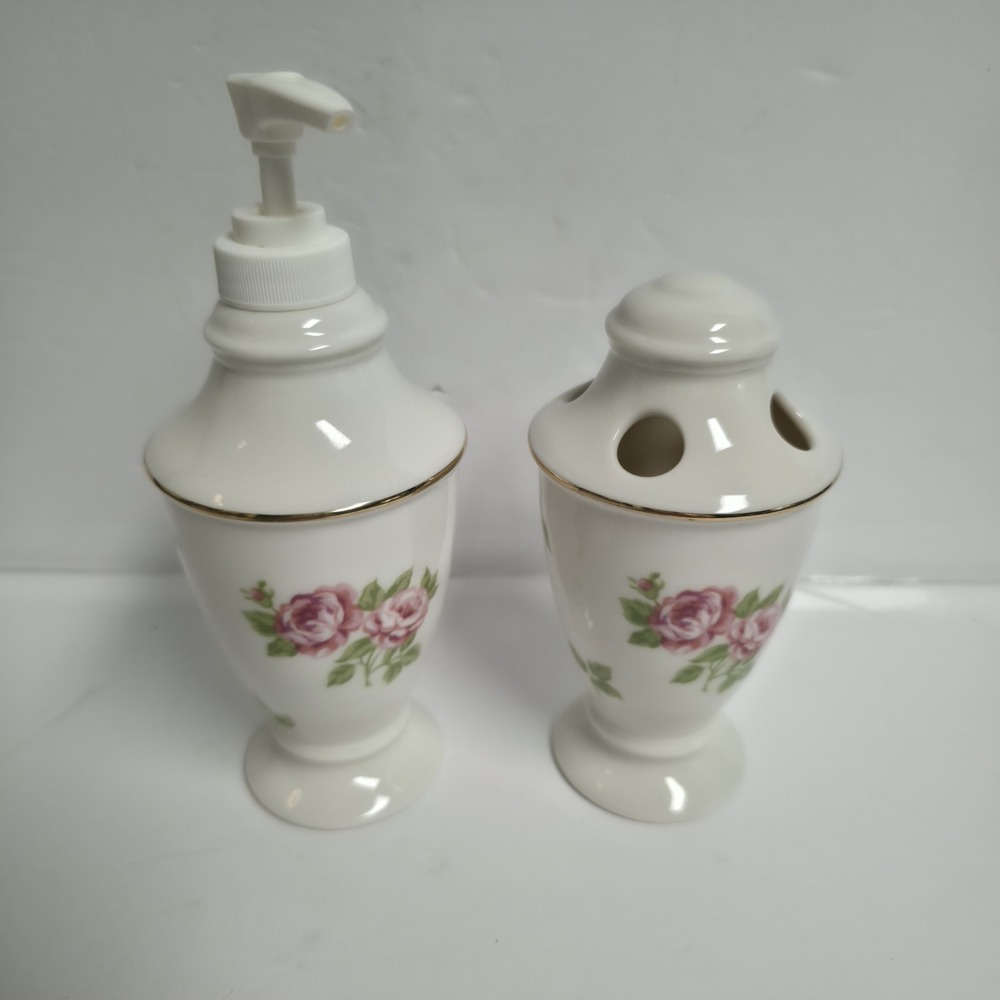 Martha Stewart Everyday Roses Bathroom 2 Pc Set Soap Dispenser Toothbrush Holder